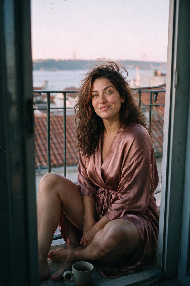 Matilde on a balcony at dawn over Lisbon's rooftops
