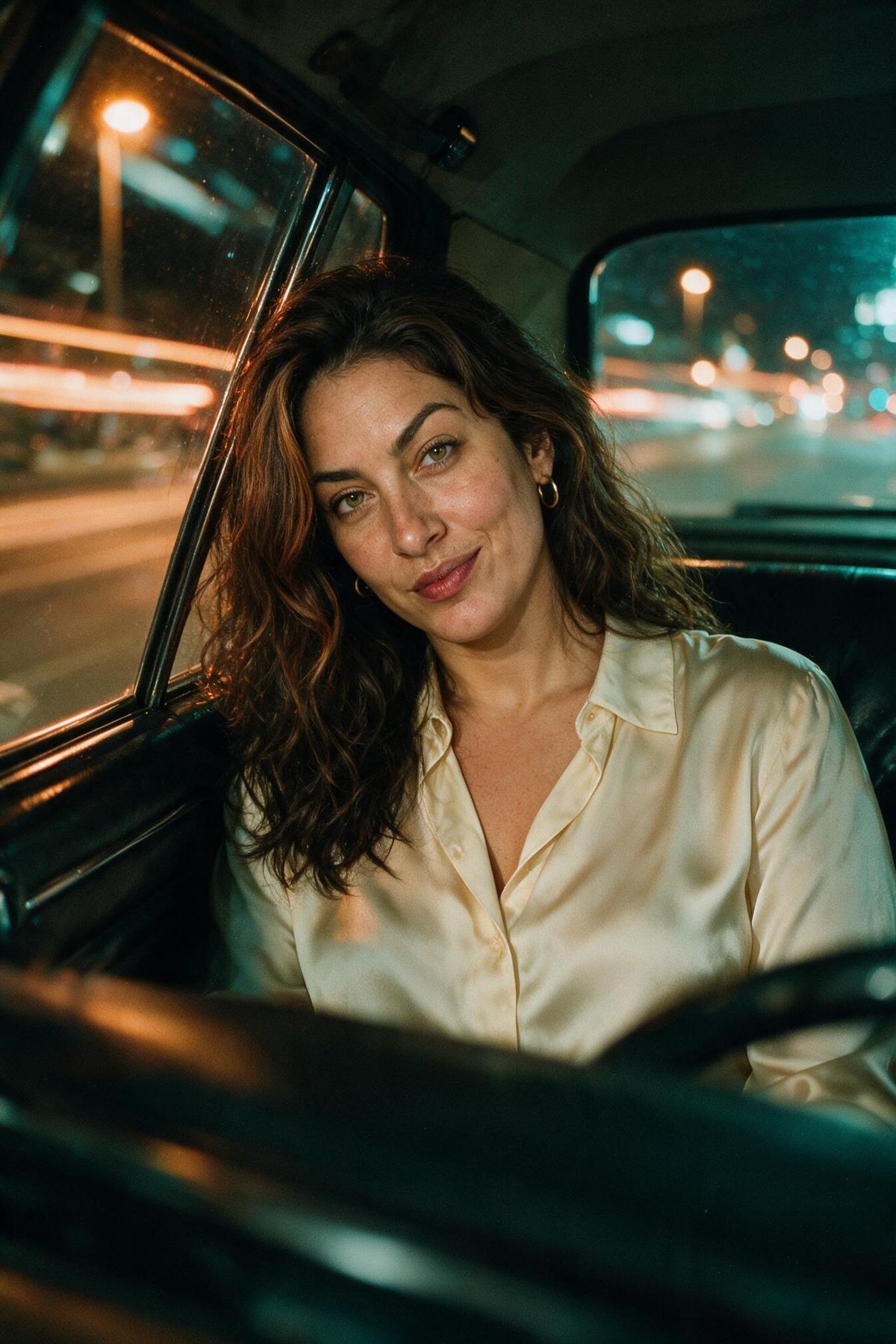 Matilde in the passenger seat at night, smiling at the driver